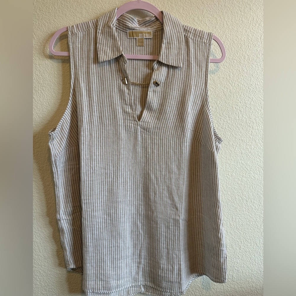 Michael Kors Beige Striped Sleeveless Blouse